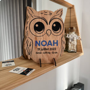 Décoration naissance en bois personnalisée Hiboux – prénom et informations de bébé – Atelier d’Arts